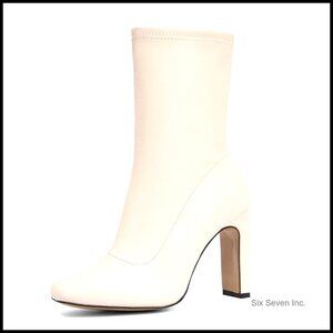 Women's Square Toe Heeled Booties Vegan Leather Side Zipper Non-Slip Sole